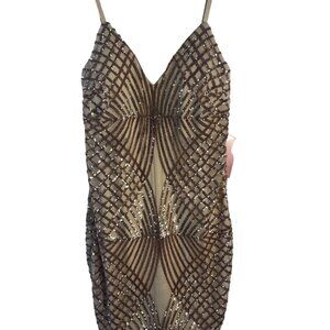 Sequined Beige and Bronze Evening Dress With Intricate Geometric Patterns &  Adj